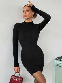 SHEIN Essnce Mock Neck Raglan Sleeve Jumper Dress Without Belt - Black - View 4