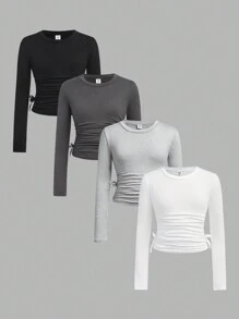 SHEIN Girlism 4 件套 Tween 女童休闲运动褶皱立领紧身长袖 T 恤