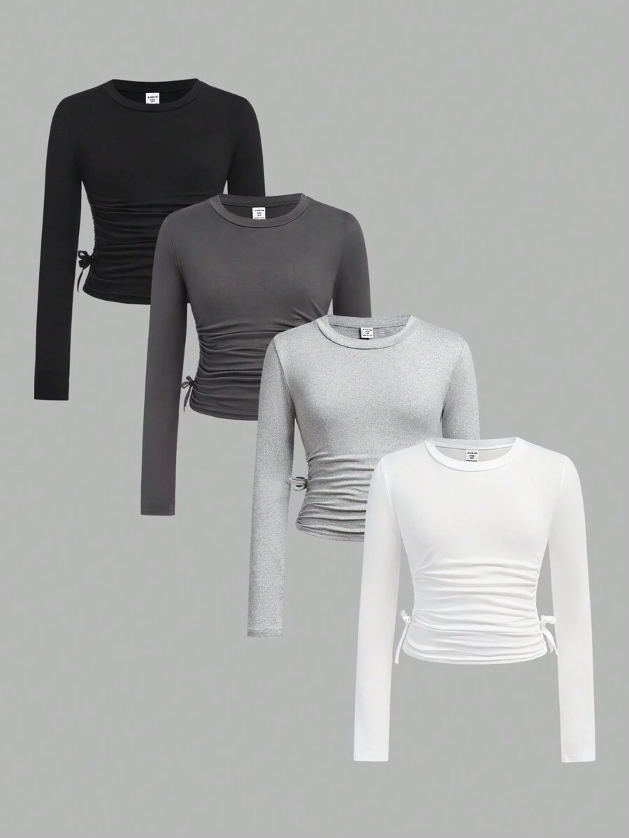 SHEIN Girlism 4 件套 Tween 女童休闲运动褶皱立领紧身长袖 T 恤