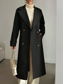 EURMUSE 女士實色雙排扣羊毛外套,帶西裝領 - 黑色 - 查看 4