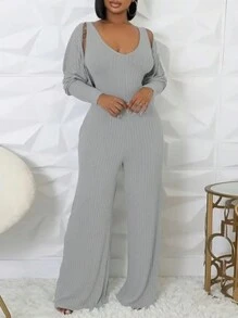 SHEIN Slayr 2 件女式加大码灰色针织开衫和连体裤套装，适合春秋季节 - 灰色 - 查看 3