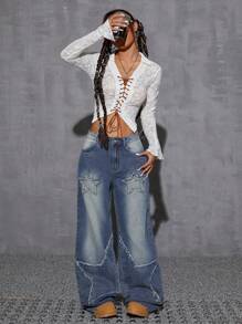 SHEIN EZwear 女式休闲宽松高腰破洞阔腿牛仔裤，带口袋