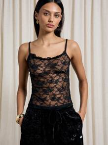 AiiRZ Sheer Floral Lace Camisole Tank Top Elegant Nightwear Lingerie Cami With Scalloped Neckline Evening Lounge Wear All Season Sleepwear - Black - View 7