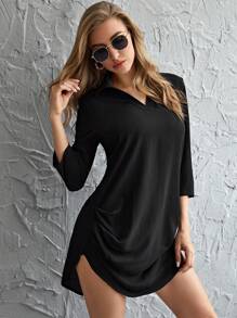 SHEIN LUNE Ruched Curved High-Low Mini Dress - Black - View 5
