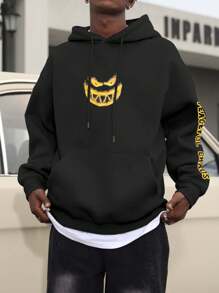 Manfinity EMRG Men's Casual Cartoon Print Drawstring Hoodie Sweatshirt For Autumn - Black - View 1