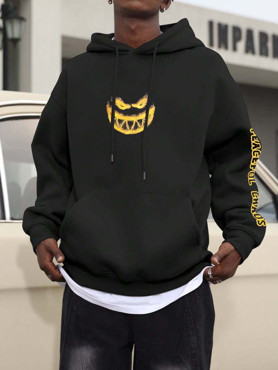 Manfinity EMRG Men's Casual Cartoon Print Drawstring Hoodie Sweatshirt For Autumn - Black - View 1