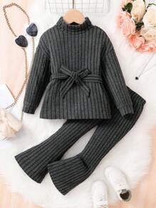 年轻女孩 1 件/套罗纹针织高领落肩开衩下摆系带 T 恤和喇叭裤舒适休闲装、家居服、休闲日常装和秋冬季上学日常装、姐妹搭配、妈妈和女儿搭配。 - 灰色 - 查看 3