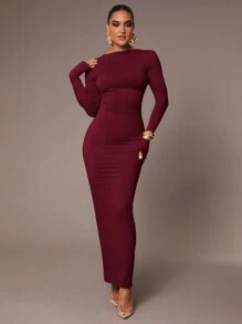 Silquee Women's Basic Slip Dress With Sexy Deep Back, Waist Folds, Skin-Friendly Long Sleeve Floor Length Tight Dress, Ash Gray