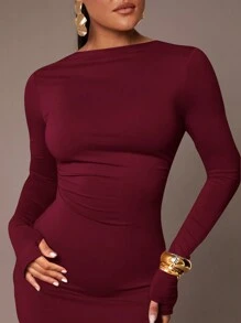 Silquee Women's Basic Slip Dress With Sexy Deep Back, Waist Folds, Skin-Friendly Long Sleeve Floor Length Tight Dress, Ash Gray
