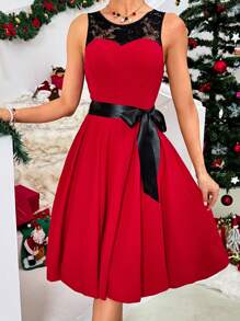 SHEIN Clasi Casual Solid Color Knit Contrast Lace Fitted Sleeveless Mid-Length Red Dress For Women Christmas Women Clothes Holiday Party Women Dresses