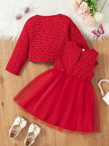 SHEIN Glamorique Kids Bộ 2 váy bồng dài tay bằng vải tuyn và nơ jacquard thời trang cho bé gái, mùa thu/đông - Đỏ - Xem 2