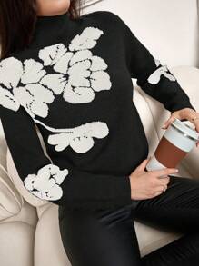 Mulvari Women's Turtleneck Long Sleeve Patterned Detail Casual Sweater