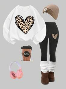 SHEIN Leap Crew Young Girl Leopard & Heart Print Pullover & Leggings - Multicolor - View 1