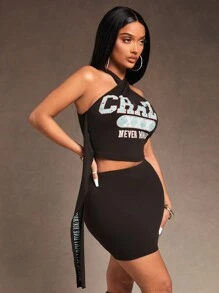 SHEIN SXY New Year's Elegant Sexy Nightclub Must Have Valentine's Day Casual Street Y3K ICON Black Vintage Print Halter Vest With Streamers And Low-Rise Mini Skirt Two-Piece Set