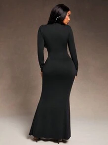 SHEIN SXY Elegantes, sexy Kleid für die Silvester-Partynacht und den Valentinstag, schwarz, hohe Dehnbarkeit, orientalischer Stehkragen, ausgeschnitten, Langarm, Fischschwanz-Boden-Länge, mit orangefarbenem Drachen-Muster - Schwarz - Übersicht 2