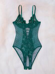 SHEIN 1pc Women's Sexy Lace & Mesh Contrast Bodysuit Lingerie For Going Out - Dark Green - View 2