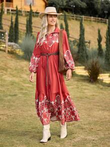 LanaWest Vestido largo casual de mujer de manga larga con botones frontales, plisado y estampado floral para el Año Nuevo