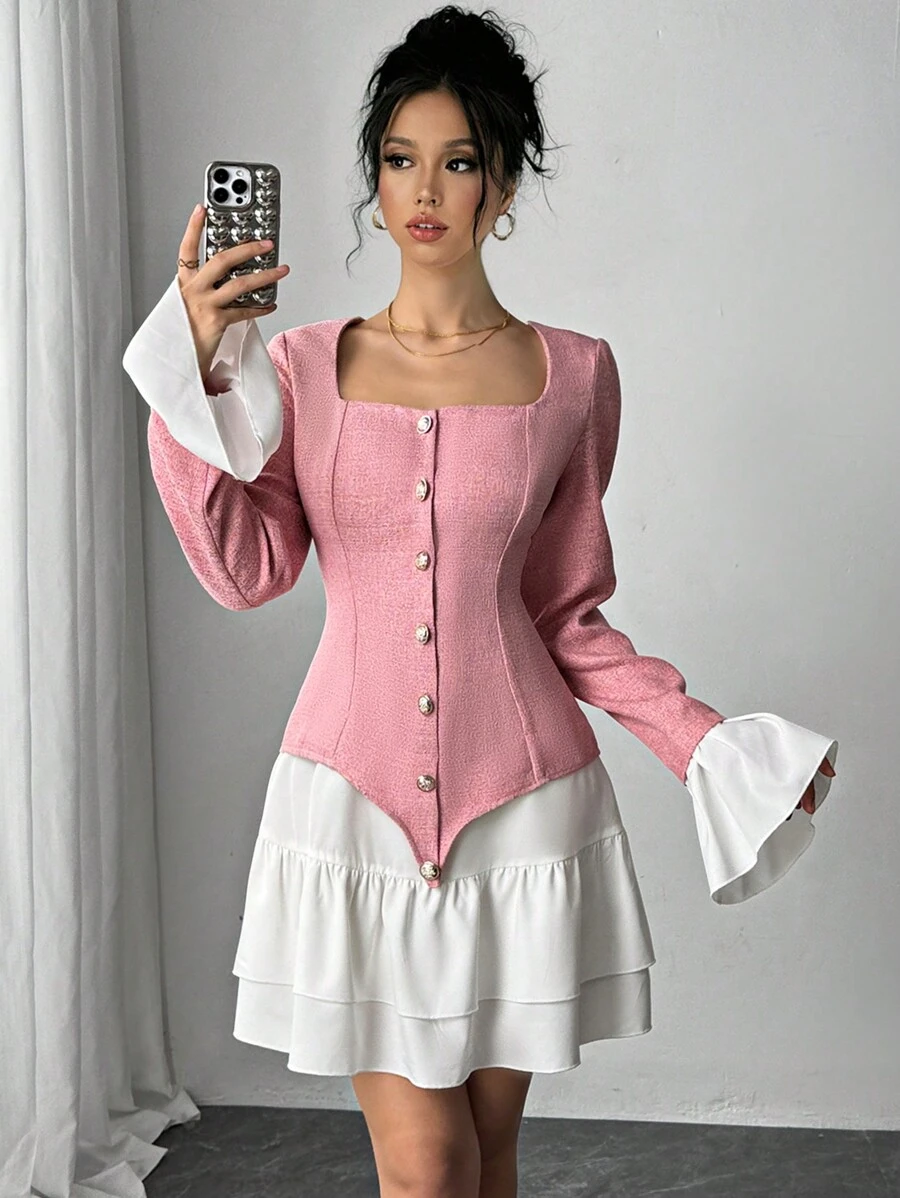 Chiquease Women's Contrast Color Splice Tweed Ruffle Hem Elegant Dress, Long Sleeve Fall Cloth For Women - Pink - View 1