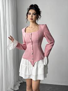 Chiquease Women's Contrast Color Splice Tweed Ruffle Hem Elegant Dress, Long Sleeve Fall Cloth For Women - Pink - View 3