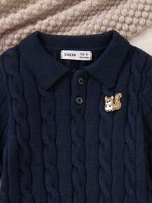 PrepCrw Young Boy Cartoon Squirrel Embroidery Long Sleeve Polo Neck Casual Sweater, Autumn/Winter - Blue - View 4