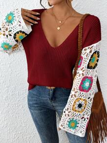 SHEIN VCAY Women's Floral Pattern Oversized Drop Shoulder Long Sleeve Sweater, Autumn/Winter - Red - View 6