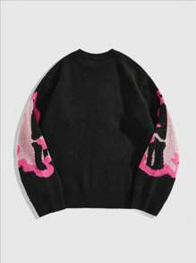 ROMWE MEN Street Life Áo len dệt kim cổ tròn dài tay họa tiết đầu lâu thường ngày cho nam mùa thu/đông - màu đen - Xem 2