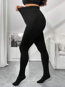 SHEIN Essnce Plus Size Women's Thanks Giving Clothes Fall Winter New Fashion Casual Commuting Elegant And Comfortable Solid Color Black Leggings Leggings 2 Pieces Set Of Pants, Women Tights Christmas Leggings Black Legging Warm Leggings