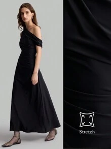 Ontre 2025 春季新款女士优雅不对称露肩长裙，适合派对穿着 - 黑色 - 查看 2