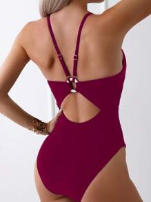 SHEIN Swim Đồ bơi một mảnh dây mảnh màu trơn đơn giản cho nữ mùa hè - Màu đỏ tím - Xem 2