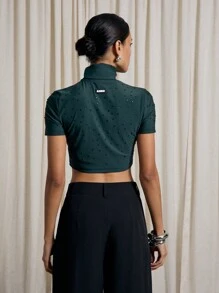 AiiRZ Áo Crop Top Tay Ngắn Cổ Tròn Có Hotfix - xanh quân đội - Xem 1