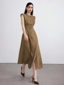Modelyn 女士纯色正面系扣系带无袖连衣裙 - 卡其色 - 查看 6