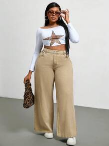 SHEIN EZwear 大码休闲宽松阔腿牛仔裤，时尚百搭，蓝色 - 卡其色 - 查看 2