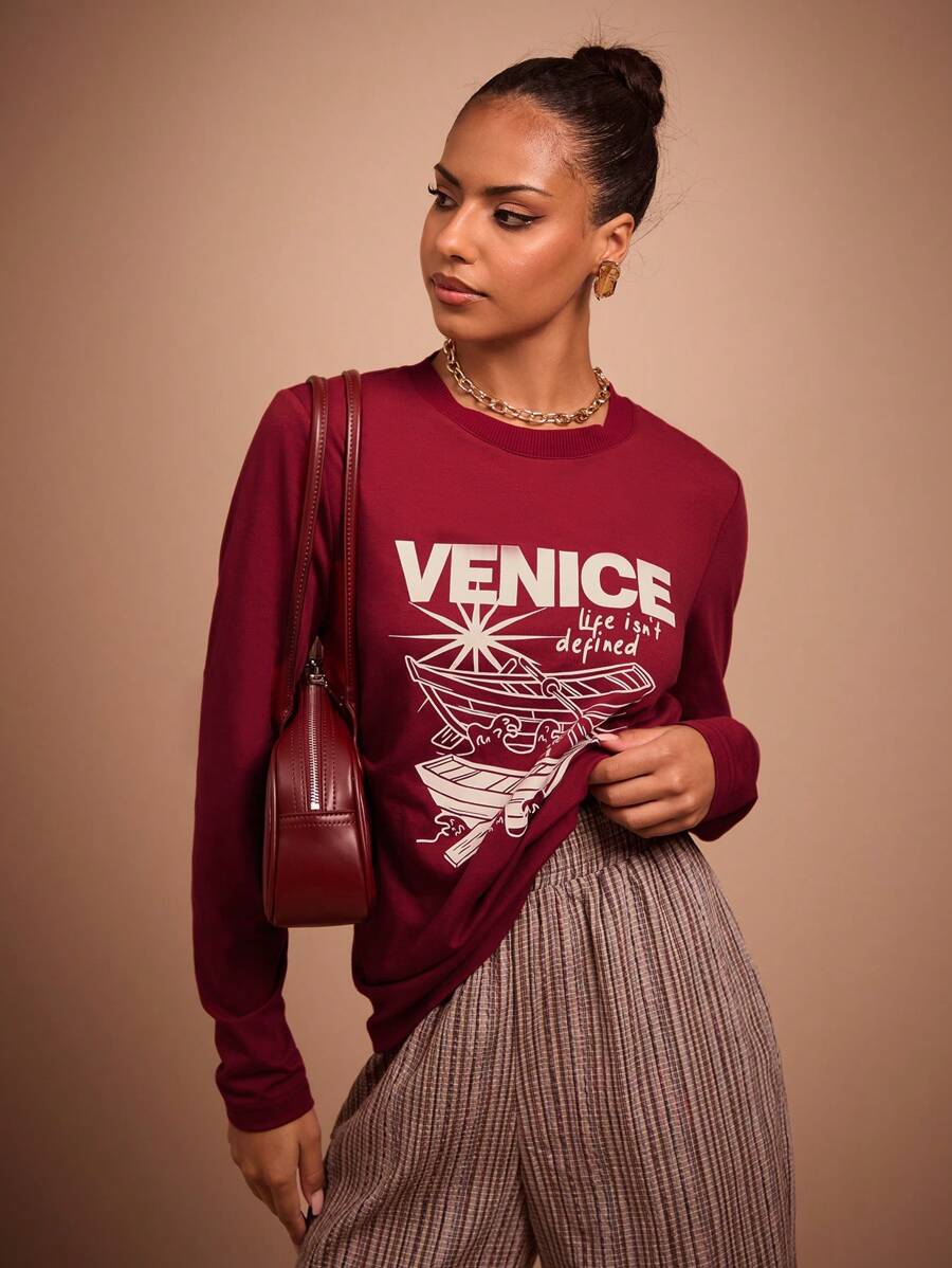 COSMINA Women's Red Printed Long Sleeve Casual T-Shirt, Suitable For Spring & Autumn