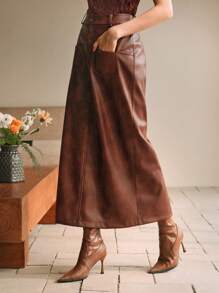Anewsta PU Leather Mid-Length High Waist Skirt With 2 Pockets, Casual Straight Skirt For Autumn Maxi - Brown - View 4
