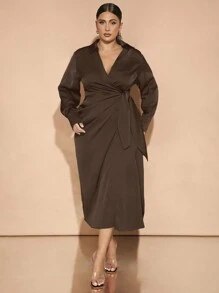SHEIN BAE Plus Size Fall And Winter Elegant Daily Commuting Party Women Green Satin Overlap Wrap Drape Asymmetric Slit Bowknot Long Sleeves With Buttons Long Dress Party Wear Christmas Wear Commuting Wear New Year Eve Dress New Years Dress Christmas Women Dress Christmas Women Clothes Christmas Dress Christmas Party Dress Thanksgiving Women Outfit Elegant Dress Holiday Dress Christmas Outfits