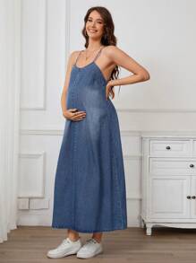 SHEIN Vestido vaquero informal largo con tirantes finos para embarazo