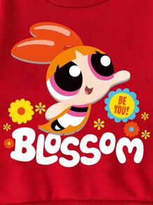 THE POWERPUFF GIRLS X SHEIN 女婴休闲红色卡通印花圆领运动衫，秋季 - 紅色 - 查看 2