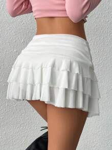 SHEIN EZwear 不对称下摆褶饰腰蛋糕裙 - 白色 - 查看 2