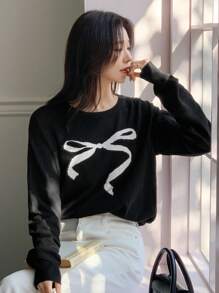 DAZY Áo len cổ tròn trang trí nơ màu tương phản dành cho nữ, Quần áo mùa thu - màu đen - Xem 1