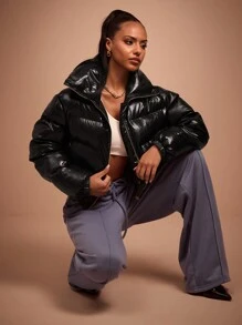 COSMINA 女士休闲纯色短款棉衣，冬季 - 黑色 - 查看 4