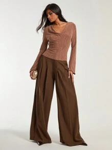 COSMINA Women's Solid Color Front Button Plain Suit Pants, Casual Daily Wear - Brown - View 5