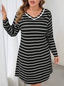 SHEIN LUNE Vestido de punto casual midi de cuello en V a rayas negro y blanco de estilo elegante para mujer talla grande, atuendo de fiesta de vacaciones de otoño/invierno