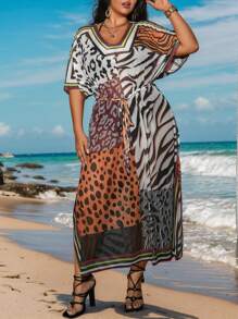 Swim Lushoire 1pc Plus Size Women Animal Print Belted Shawl Tunic Summer - Multicolor - View 4