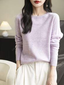 Pull en laine mérinos 100% pour femme, manches longues, col ras-du-cou, pull chaud et doux en tricot pour l'automne et l'hiver