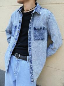 Manfinity Homme Men's Casual Autumn Double Pocket Washed Denim Shirt - Blue - View 4