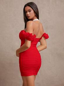 SHEIN BAE 女士优雅性感露肩褶饰修身迷你连衣裙 - 紅色 - 查看 2