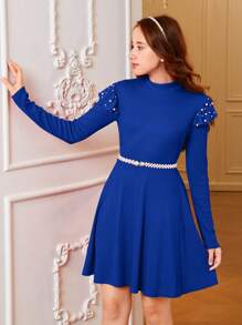 SHEIN Leap Crew Teen Girl's Solid Color Knitted Ribbed Cap Sleeve Beaded Casual Dress - Royal Blue - View 1