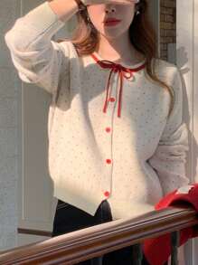 DAZY Jersey holgado de mujer con cuello redondo y lunares, para otoño e invierno, parte superior de manga larga