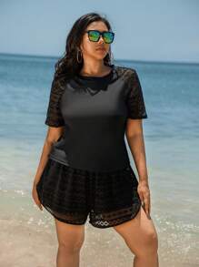Swim SPRTY 大码女式镂空插肩短袖休闲纯色两件套防晒泳衣夏季