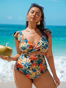 Swim Lushoire Plus Size Spaghetti Strap Floral Print One Piece Swimsuit Summer